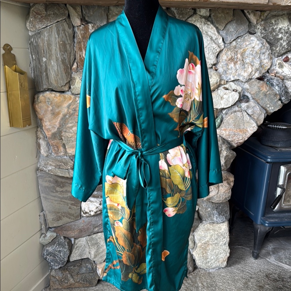 Silk-Feel Teal Floral Kimono Robe - Picture 6 of 16